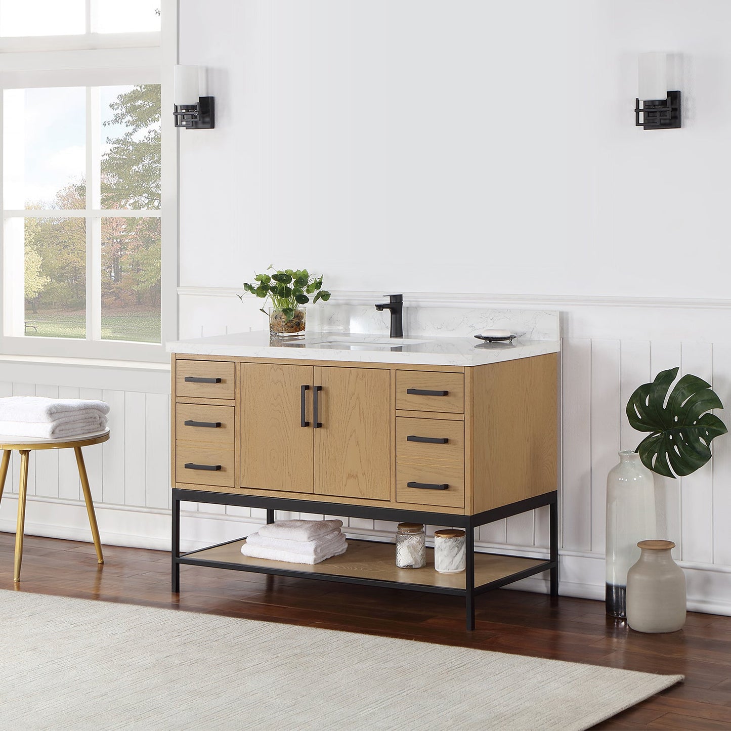 Wildy 48" Single Bathroom Vanity Set in Washed Oak with Grain White Engineered Stone Countertop without Mirror