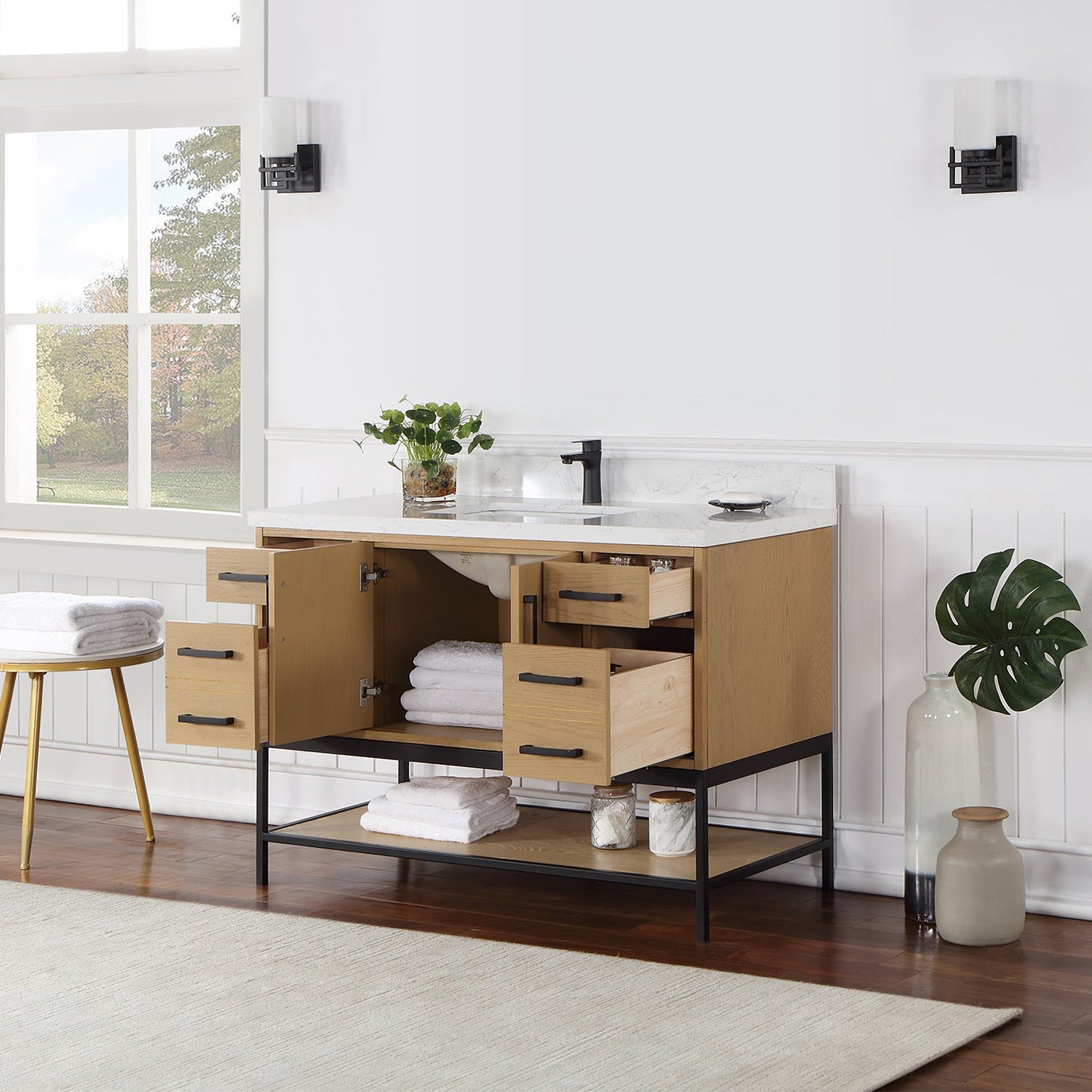 Wildy 48" Single Bathroom Vanity Set in Washed Oak with Grain White Engineered Stone Countertop without Mirror