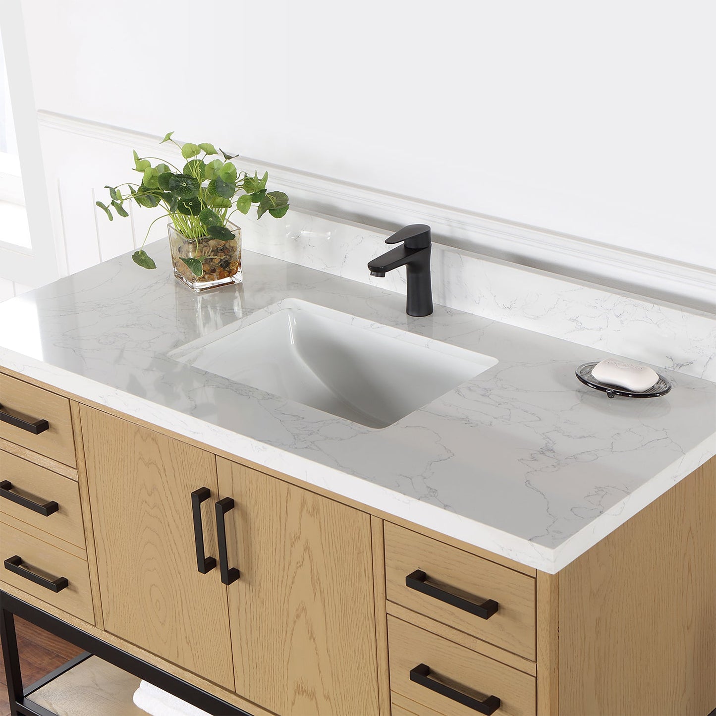 Wildy 48" Single Bathroom Vanity Set in Washed Oak with Grain White Engineered Stone Countertop without Mirror