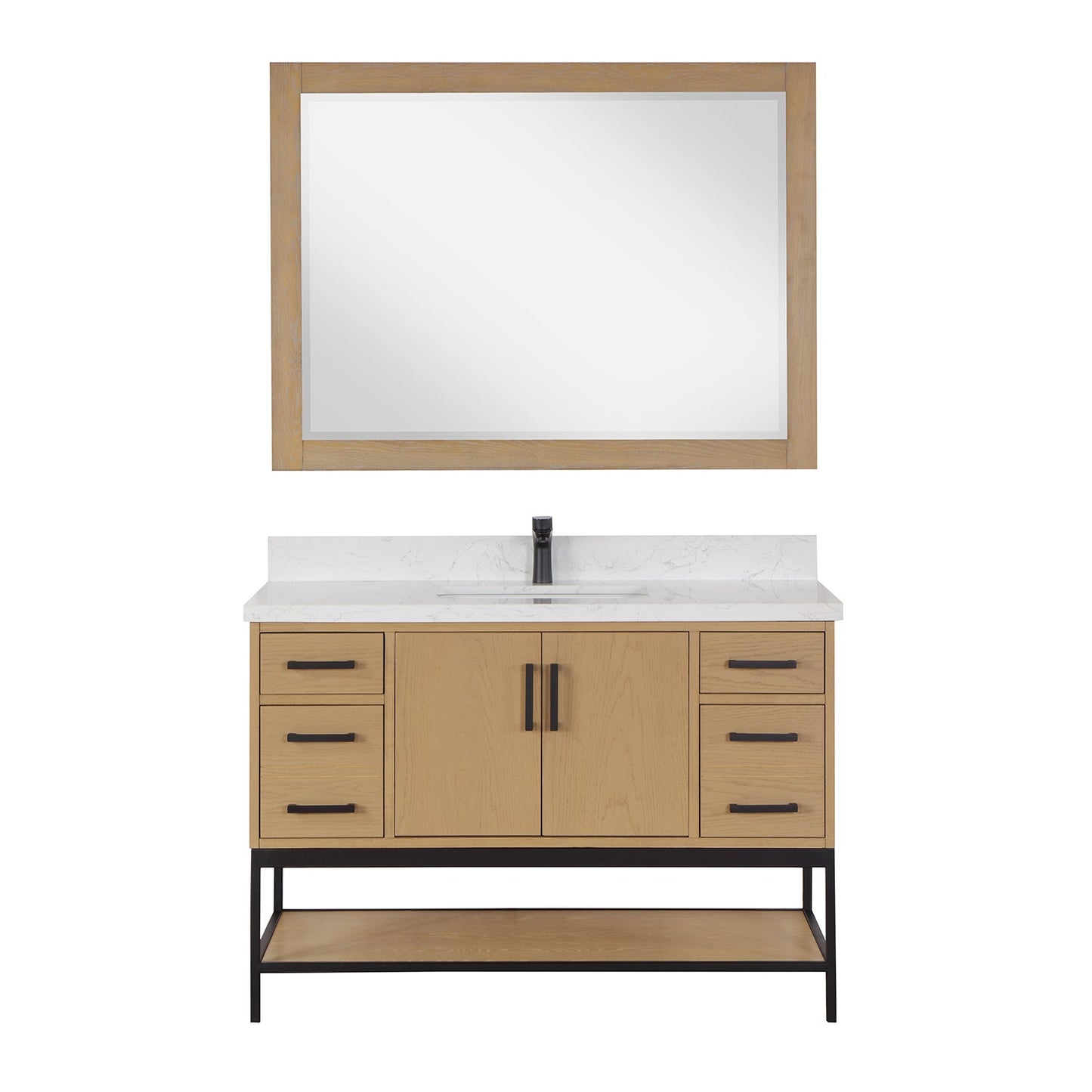 Wildy 48" Single Bathroom Vanity Set in Washed Oak with Grain White Engineered Stone Countertop with Mirror