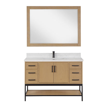 Wildy 48" Single Bathroom Vanity Set in Washed Oak with Grain White Engineered Stone Countertop with Mirror