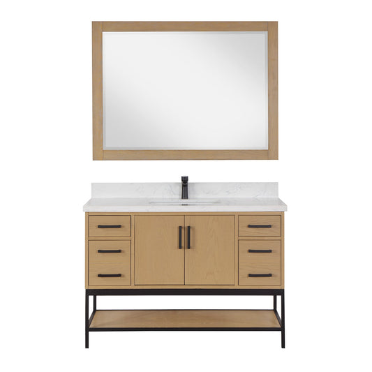 Wildy 48" Single Bathroom Vanity Set in Washed Oak with Grain White Engineered Stone Countertop with Mirror