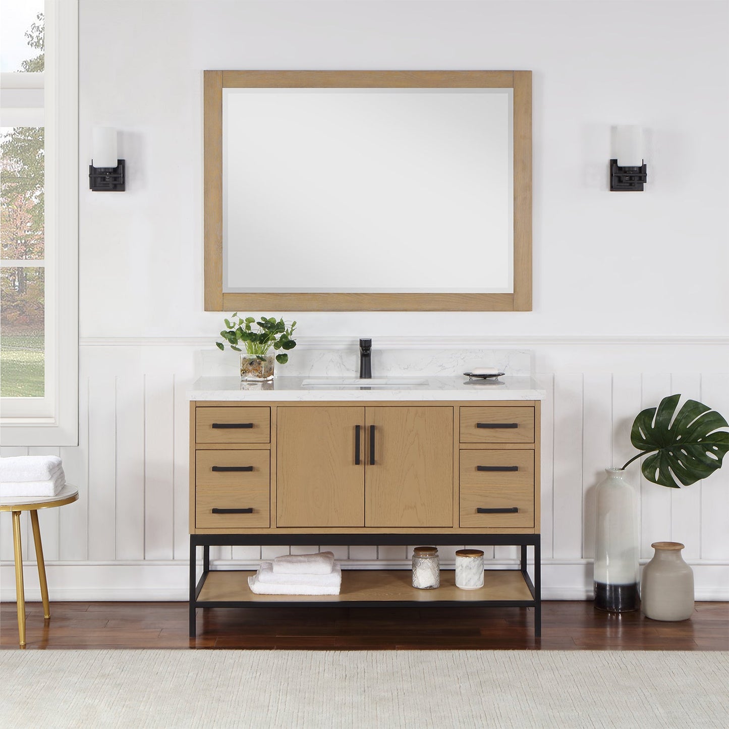 Wildy 48" Single Bathroom Vanity Set in Washed Oak with Grain White Engineered Stone Countertop with Mirror