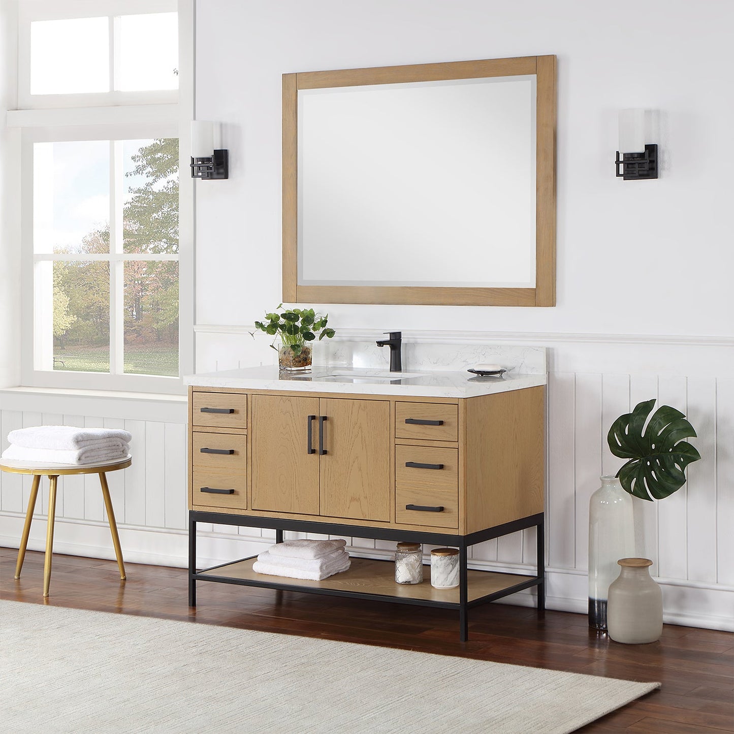 Wildy 48" Single Bathroom Vanity Set in Washed Oak with Grain White Engineered Stone Countertop with Mirror