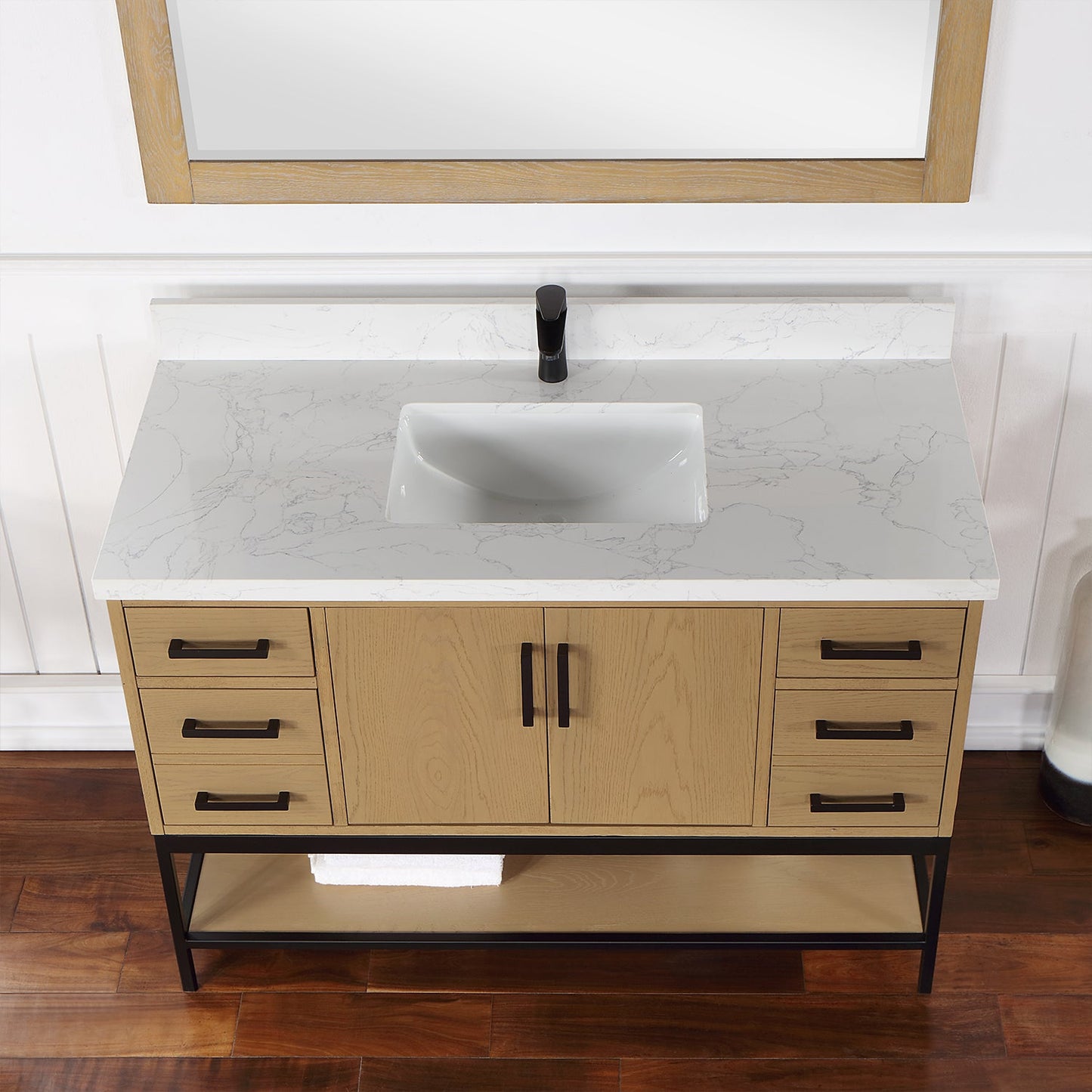 Wildy 48" Single Bathroom Vanity Set in Washed Oak with Grain White Engineered Stone Countertop with Mirror