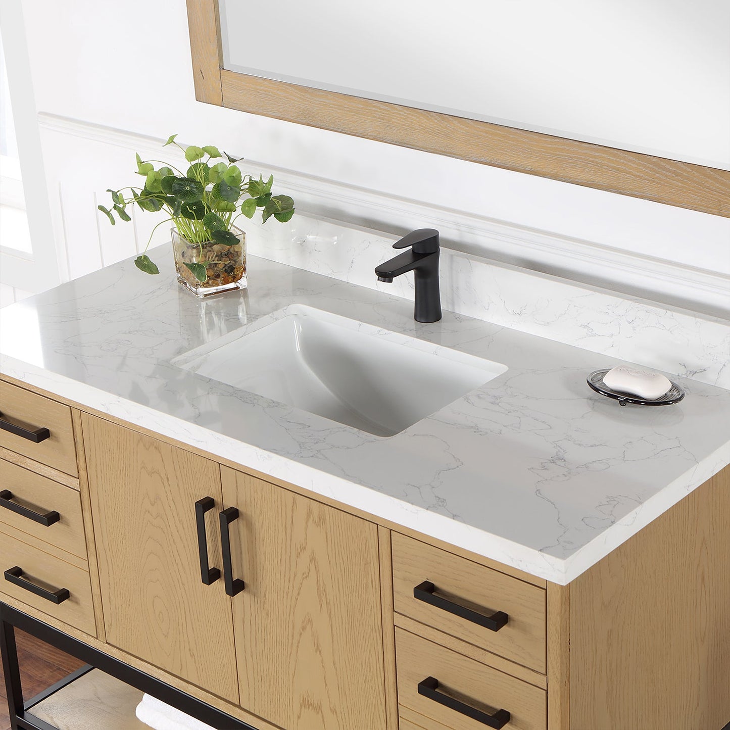 Wildy 48" Single Bathroom Vanity Set in Washed Oak with Grain White Engineered Stone Countertop with Mirror