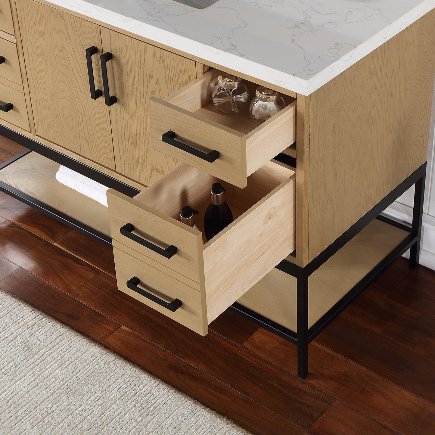 Wildy 48" Single Bathroom Vanity Set in Washed Oak with Grain White Engineered Stone Countertop with Mirror