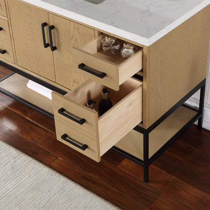 Wildy 48" Single Bathroom Vanity Set in Washed Oak with Grain White Engineered Stone Countertop with Mirror