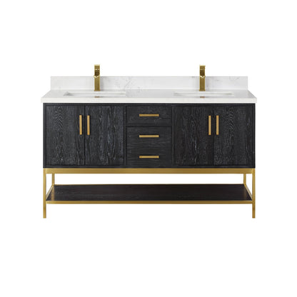 Wildy 60" Double Bathroom Vanity Set in Black Oak with Grain White Engineered Stone Countertop without Mirror