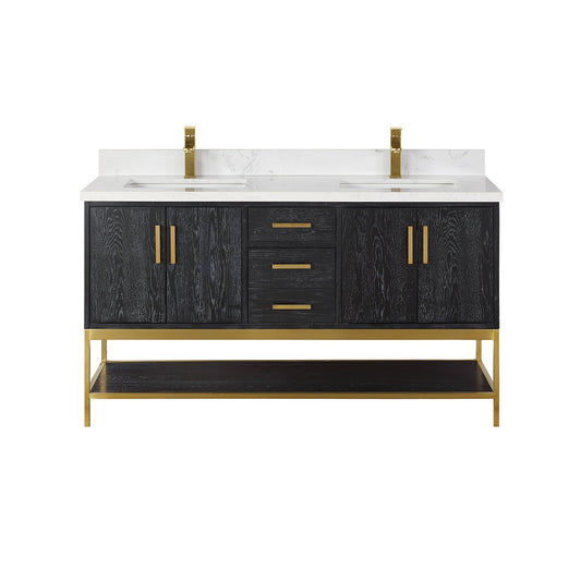 Wildy 60" Double Bathroom Vanity Set in Black Oak with Grain White Engineered Stone Countertop without Mirror