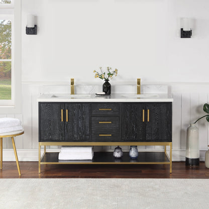 Wildy 60" Double Bathroom Vanity Set in Black Oak with Grain White Engineered Stone Countertop without Mirror