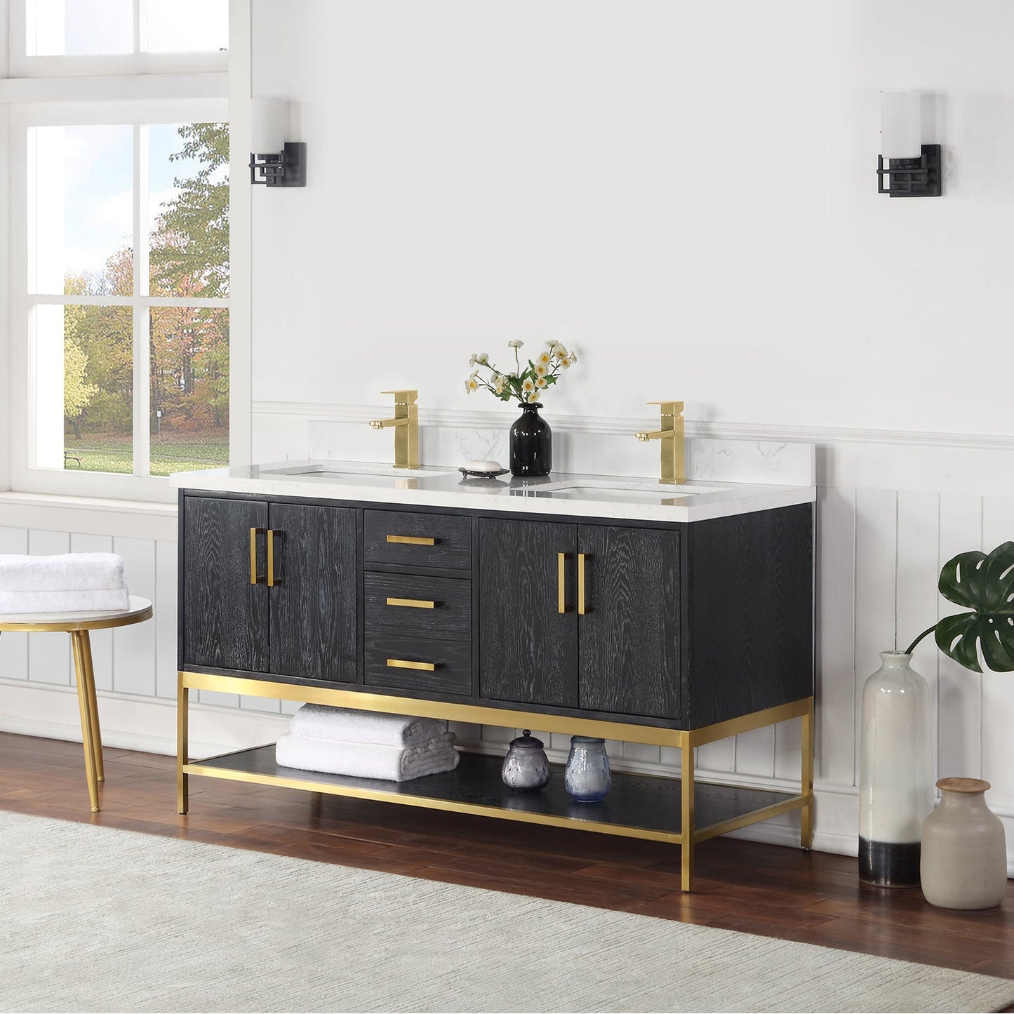 Wildy 60" Double Bathroom Vanity Set in Black Oak with Grain White Engineered Stone Countertop without Mirror