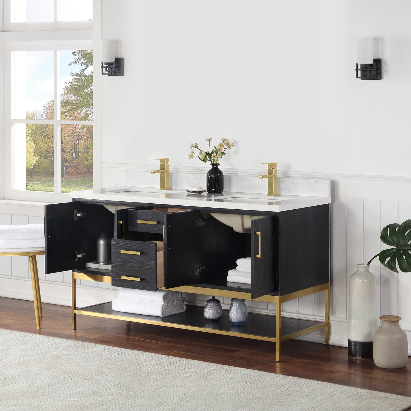 Wildy 60" Double Bathroom Vanity Set in Black Oak with Grain White Engineered Stone Countertop without Mirror