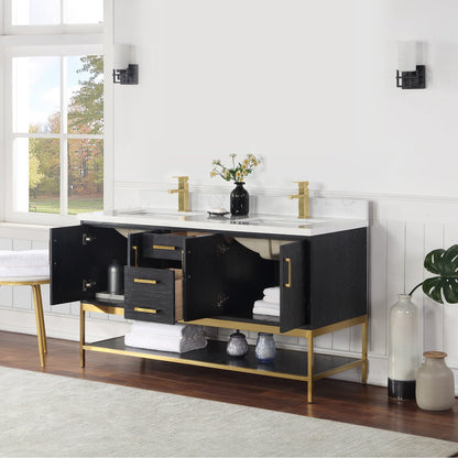 Wildy 60" Double Bathroom Vanity Set in Black Oak with Grain White Engineered Stone Countertop without Mirror