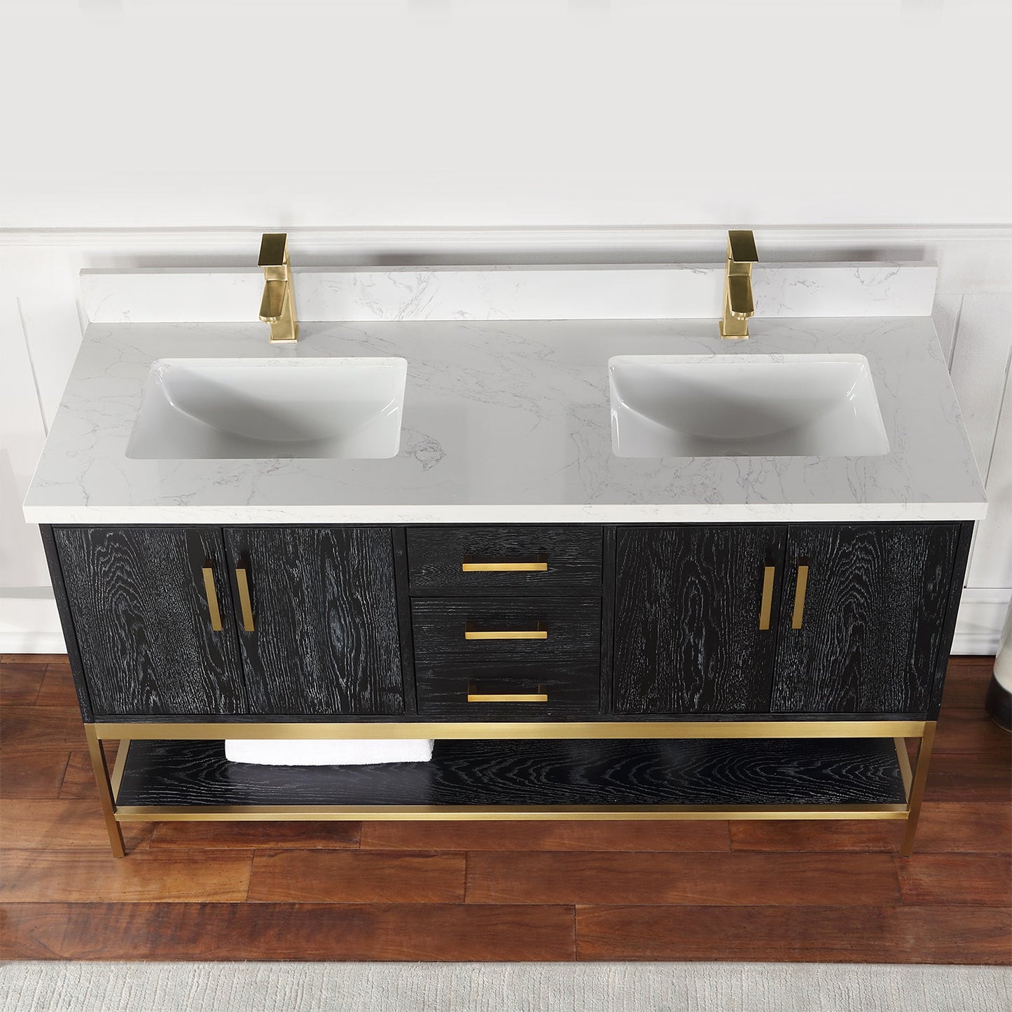 Wildy 60" Double Bathroom Vanity Set in Black Oak with Grain White Engineered Stone Countertop without Mirror