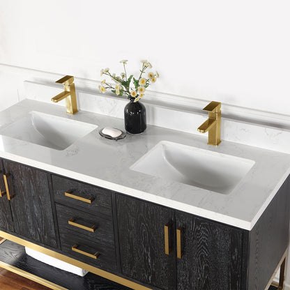 Wildy 60" Double Bathroom Vanity Set in Black Oak with Grain White Engineered Stone Countertop without Mirror