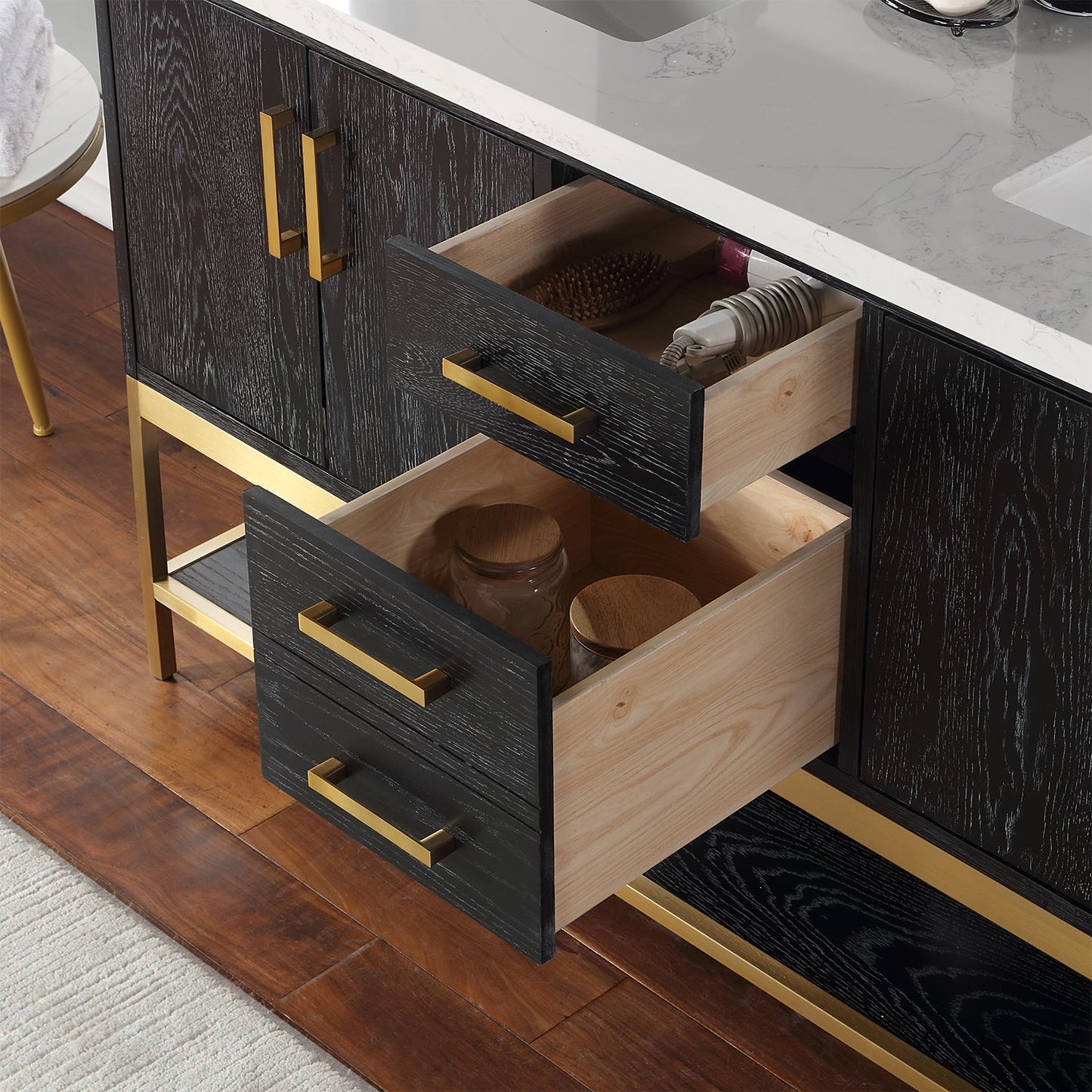 Wildy 60" Double Bathroom Vanity Set in Black Oak with Grain White Engineered Stone Countertop without Mirror