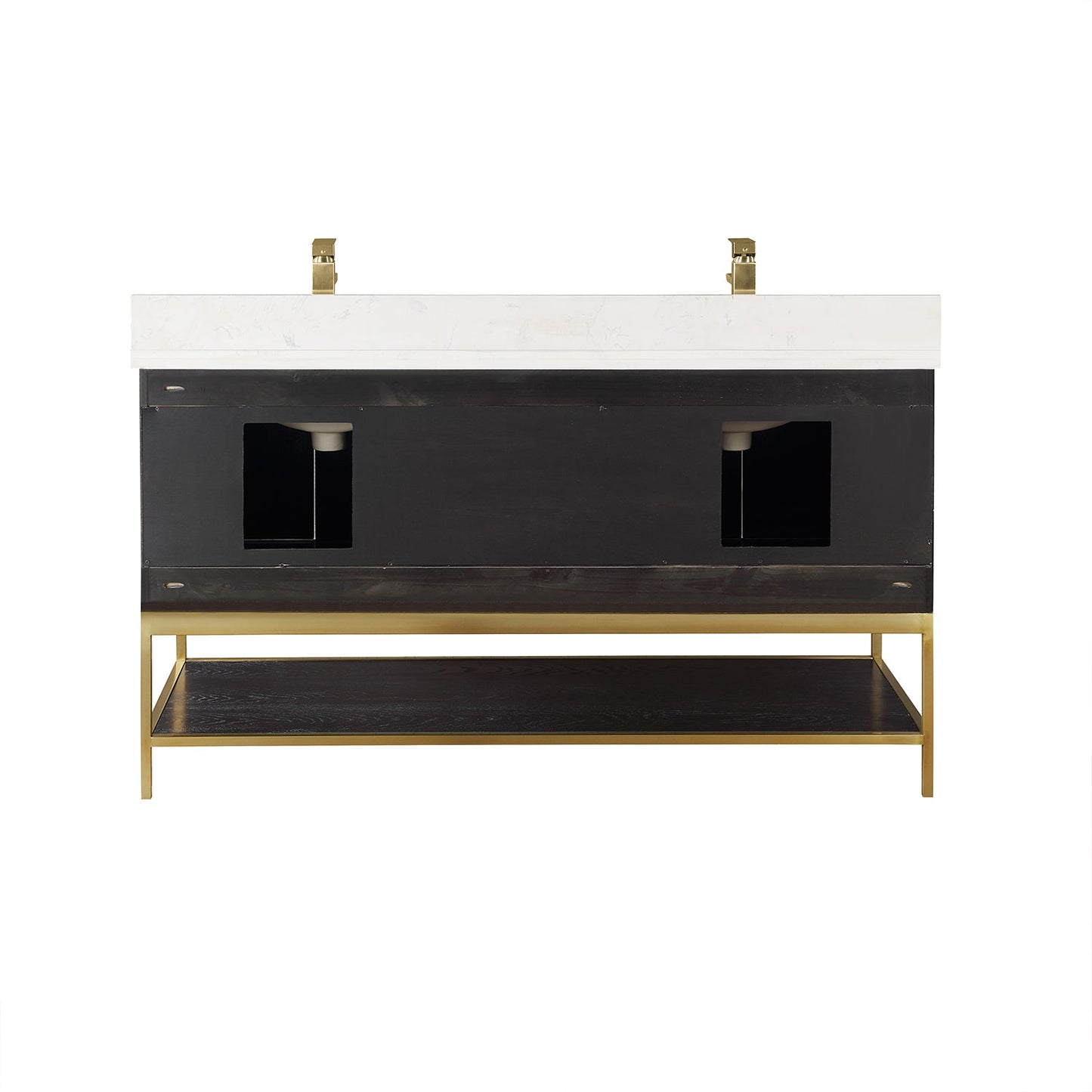Wildy 60" Double Bathroom Vanity Set in Black Oak with Grain White Engineered Stone Countertop without Mirror
