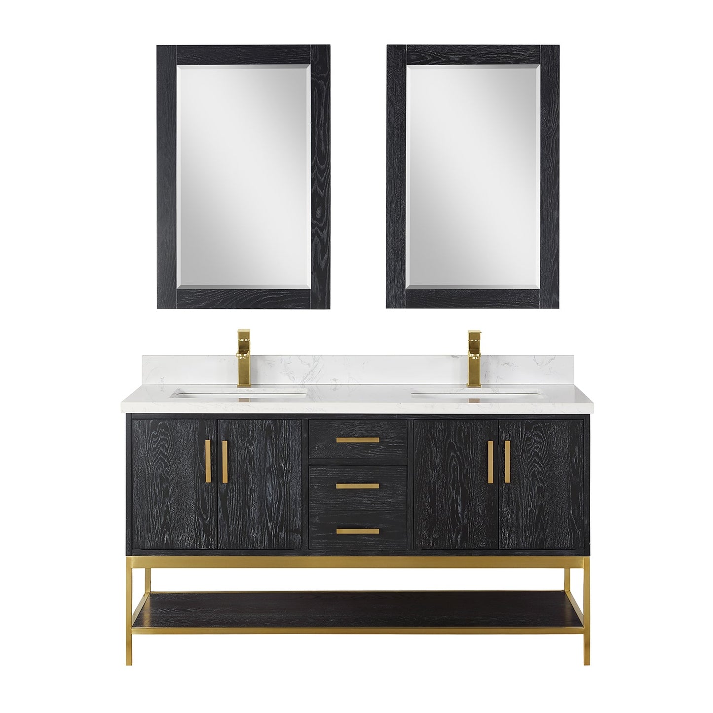 Wildy 60" Double Bathroom Vanity Set in Black Oak with Grain White Engineered Stone Countertop with Mirror
