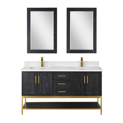 Wildy 60" Double Bathroom Vanity Set in Black Oak with Grain White Engineered Stone Countertop with Mirror