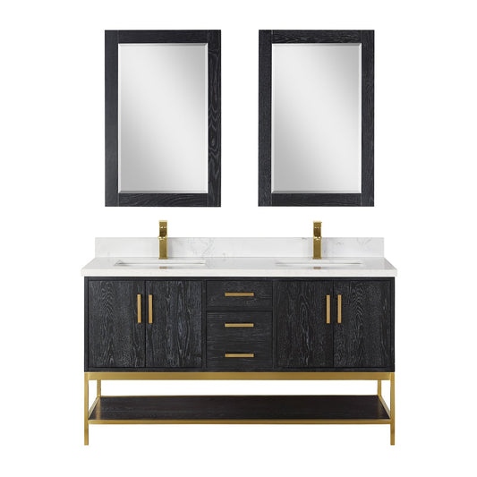 Wildy 60" Double Bathroom Vanity Set in Black Oak with Grain White Engineered Stone Countertop with Mirror