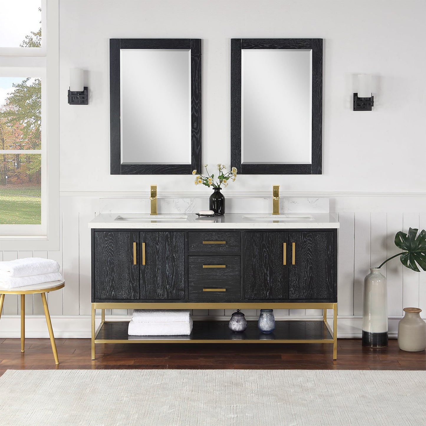 Wildy 60" Double Bathroom Vanity Set in Black Oak with Grain White Engineered Stone Countertop with Mirror