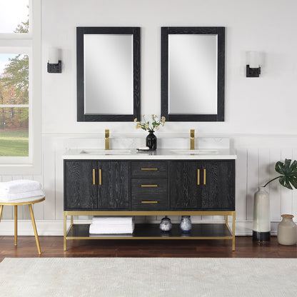 Wildy 60" Double Bathroom Vanity Set in Black Oak with Grain White Engineered Stone Countertop with Mirror