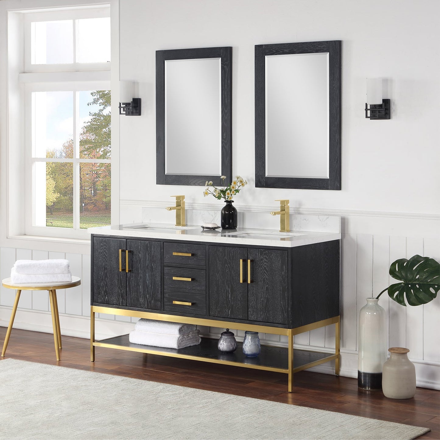 Wildy 60" Double Bathroom Vanity Set in Black Oak with Grain White Engineered Stone Countertop with Mirror