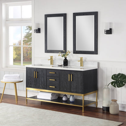 Wildy 60" Double Bathroom Vanity Set in Black Oak with Grain White Engineered Stone Countertop with Mirror