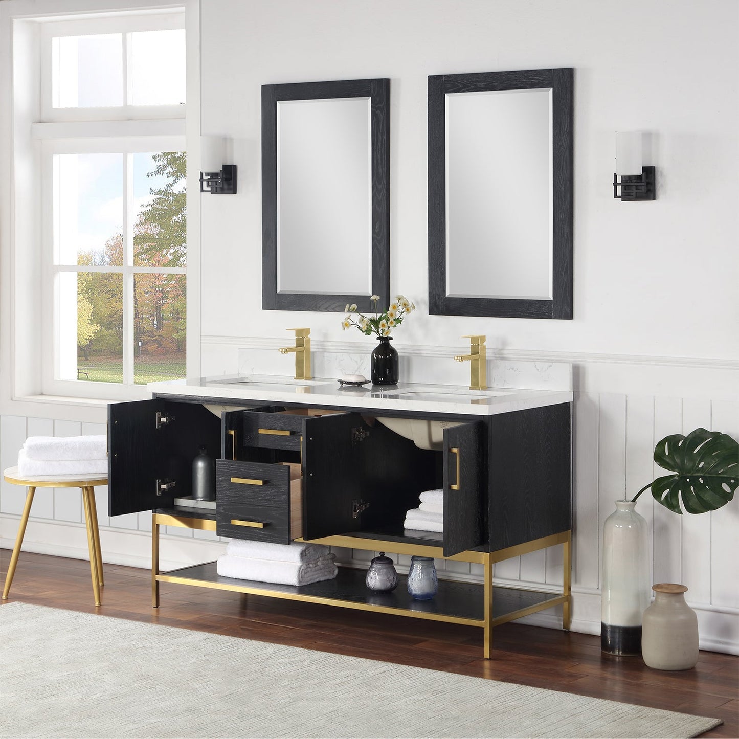 Wildy 60" Double Bathroom Vanity Set in Black Oak with Grain White Engineered Stone Countertop with Mirror