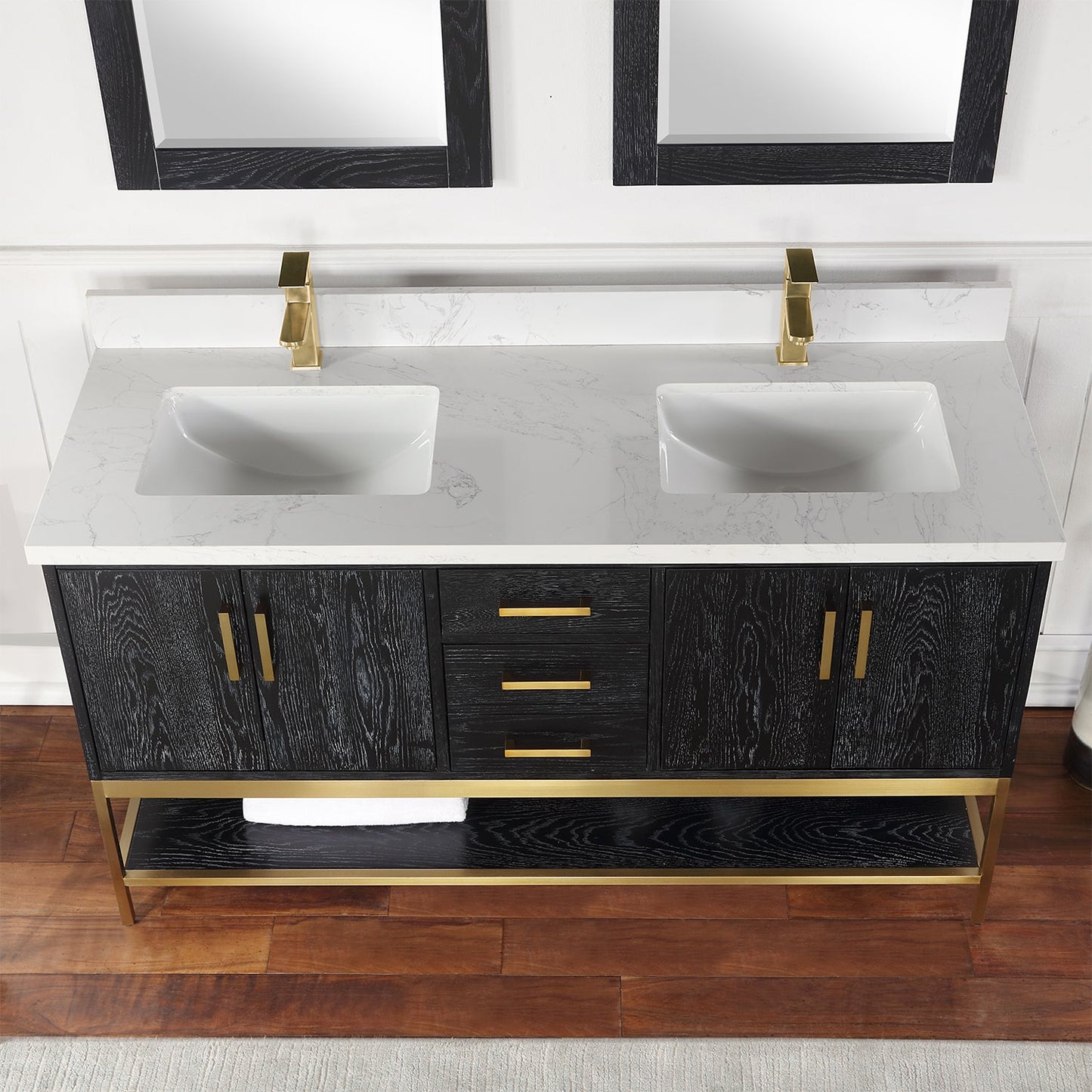Wildy 60" Double Bathroom Vanity Set in Black Oak with Grain White Engineered Stone Countertop with Mirror