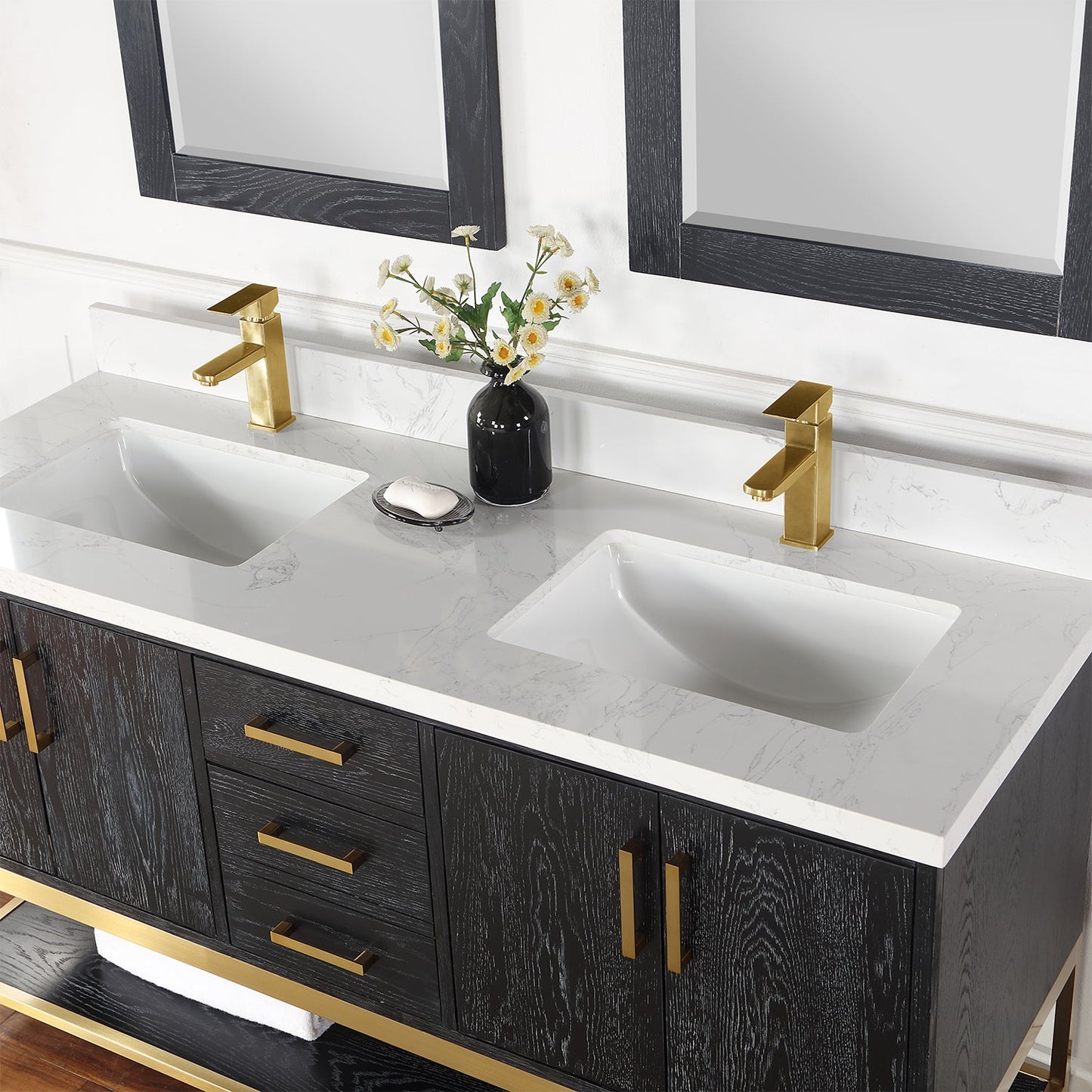 Wildy 60" Double Bathroom Vanity Set in Black Oak with Grain White Engineered Stone Countertop with Mirror