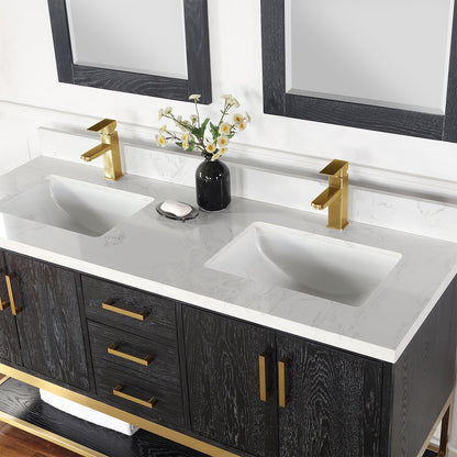 Wildy 60" Double Bathroom Vanity Set in Black Oak with Grain White Engineered Stone Countertop with Mirror