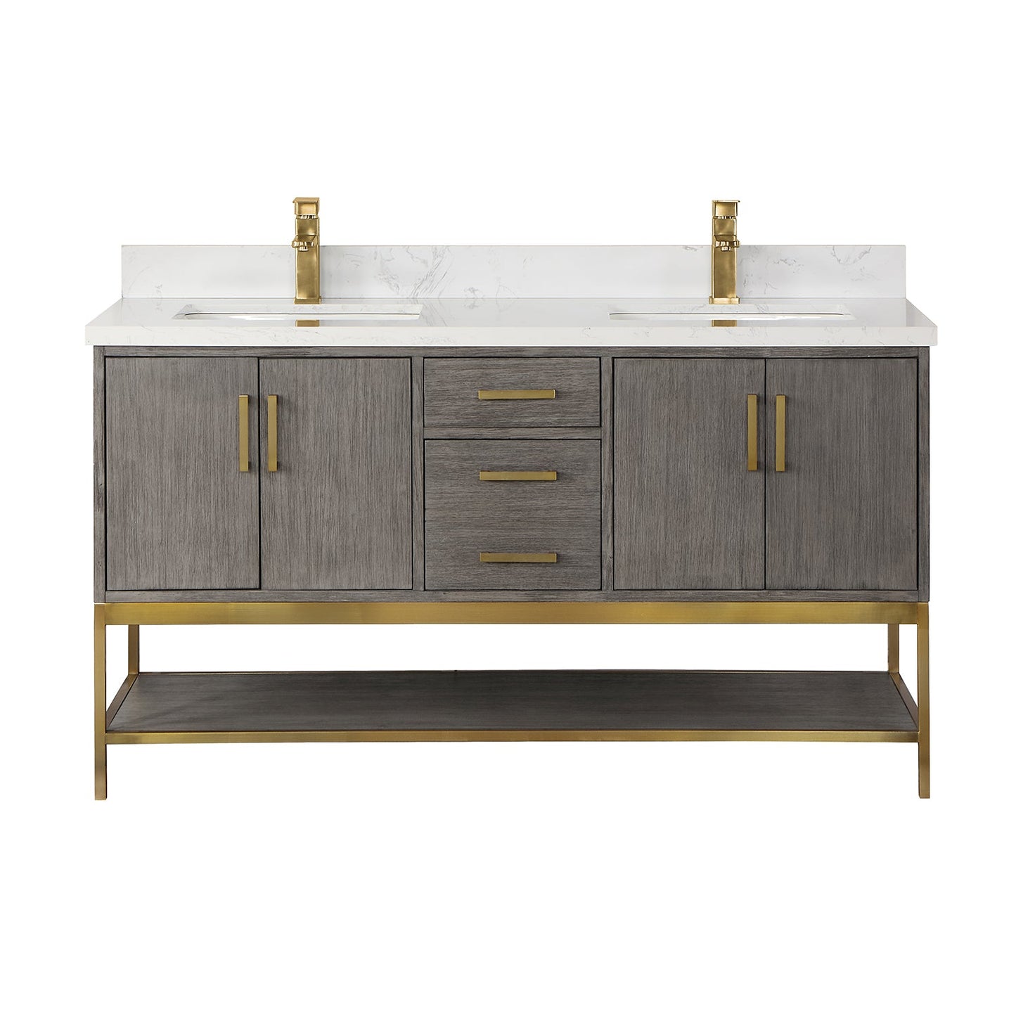 Wildy 60" Double Bathroom Vanity Set in Classical Grey with Grain White Engineered Stone Countertop without Mirror
