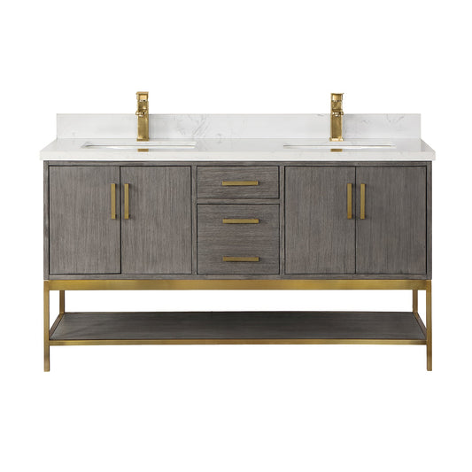 Wildy 60" Double Bathroom Vanity Set in Classical Grey with Grain White Engineered Stone Countertop without Mirror