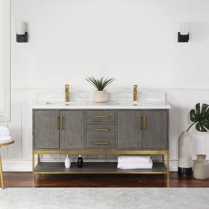 Wildy 60" Double Bathroom Vanity Set in Classical Grey with Grain White Engineered Stone Countertop without Mirror