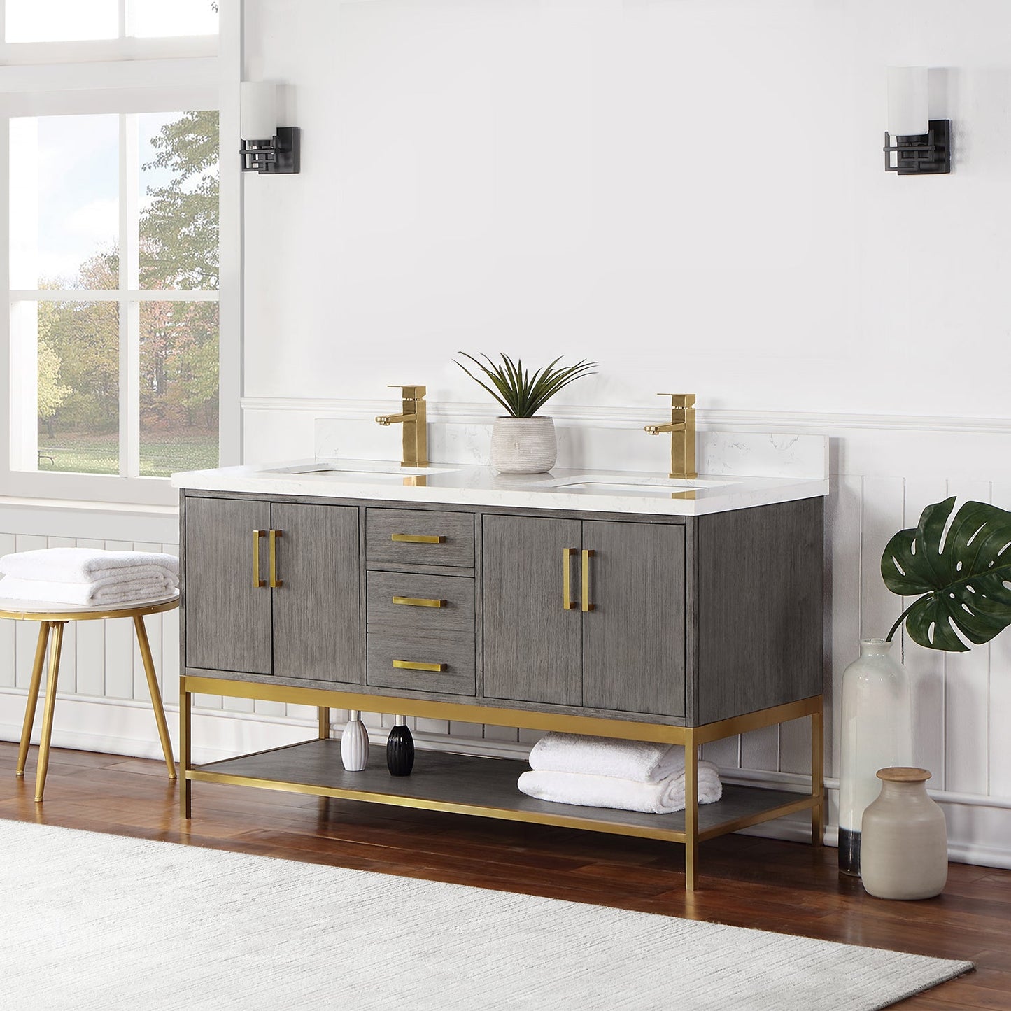 Wildy 60" Double Bathroom Vanity Set in Classical Grey with Grain White Engineered Stone Countertop without Mirror