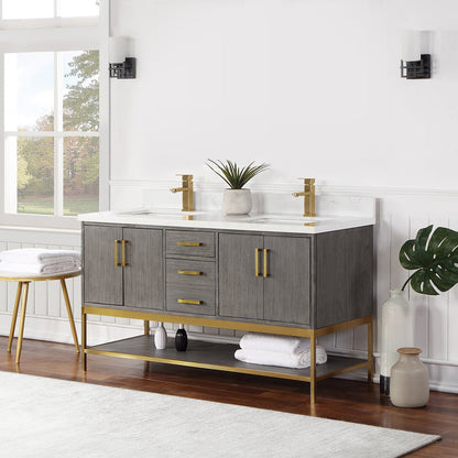Wildy 60" Double Bathroom Vanity Set in Classical Grey with Grain White Engineered Stone Countertop without Mirror