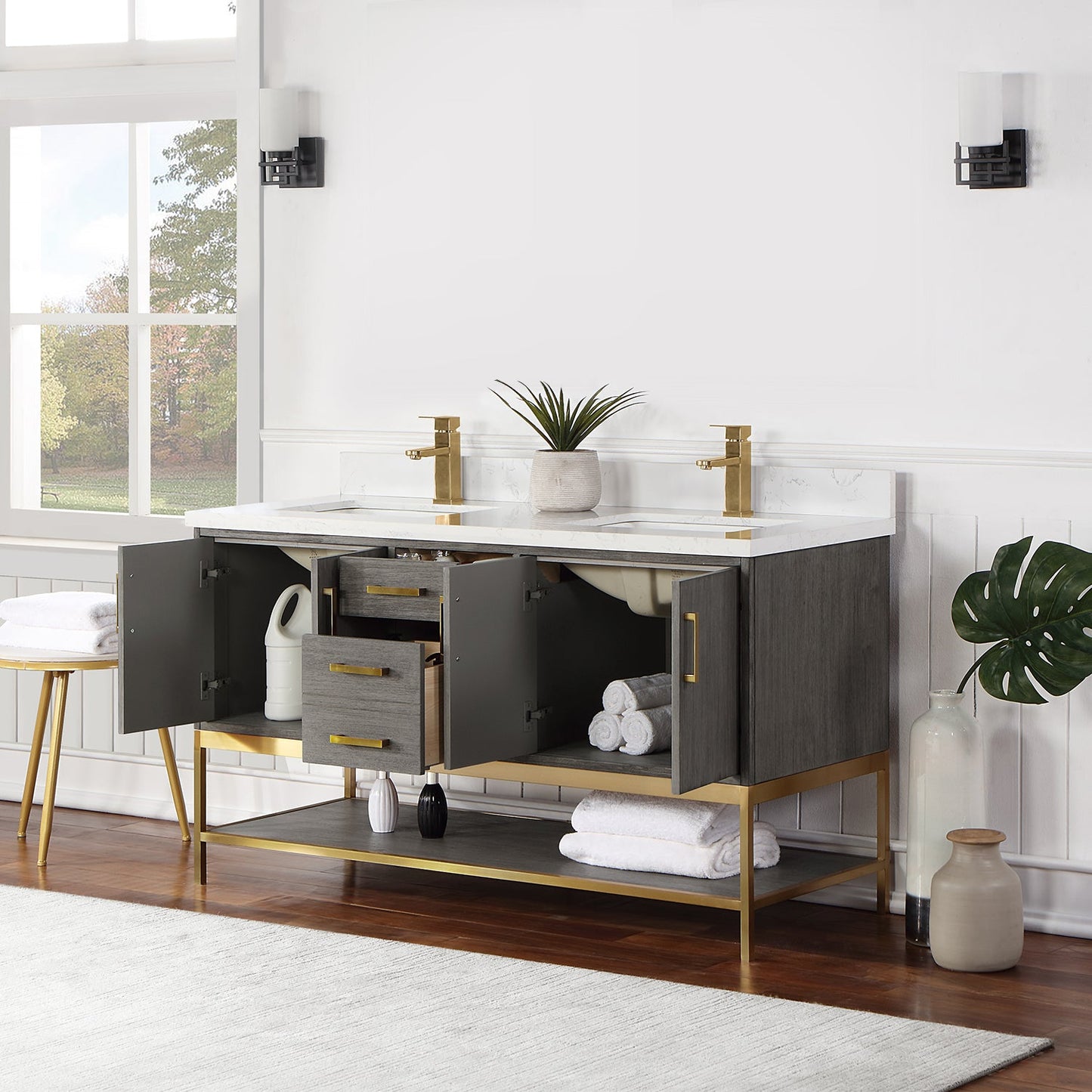 Wildy 60" Double Bathroom Vanity Set in Classical Grey with Grain White Engineered Stone Countertop without Mirror