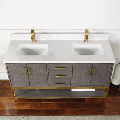 Wildy 60" Double Bathroom Vanity Set in Classical Grey with Grain White Engineered Stone Countertop without Mirror