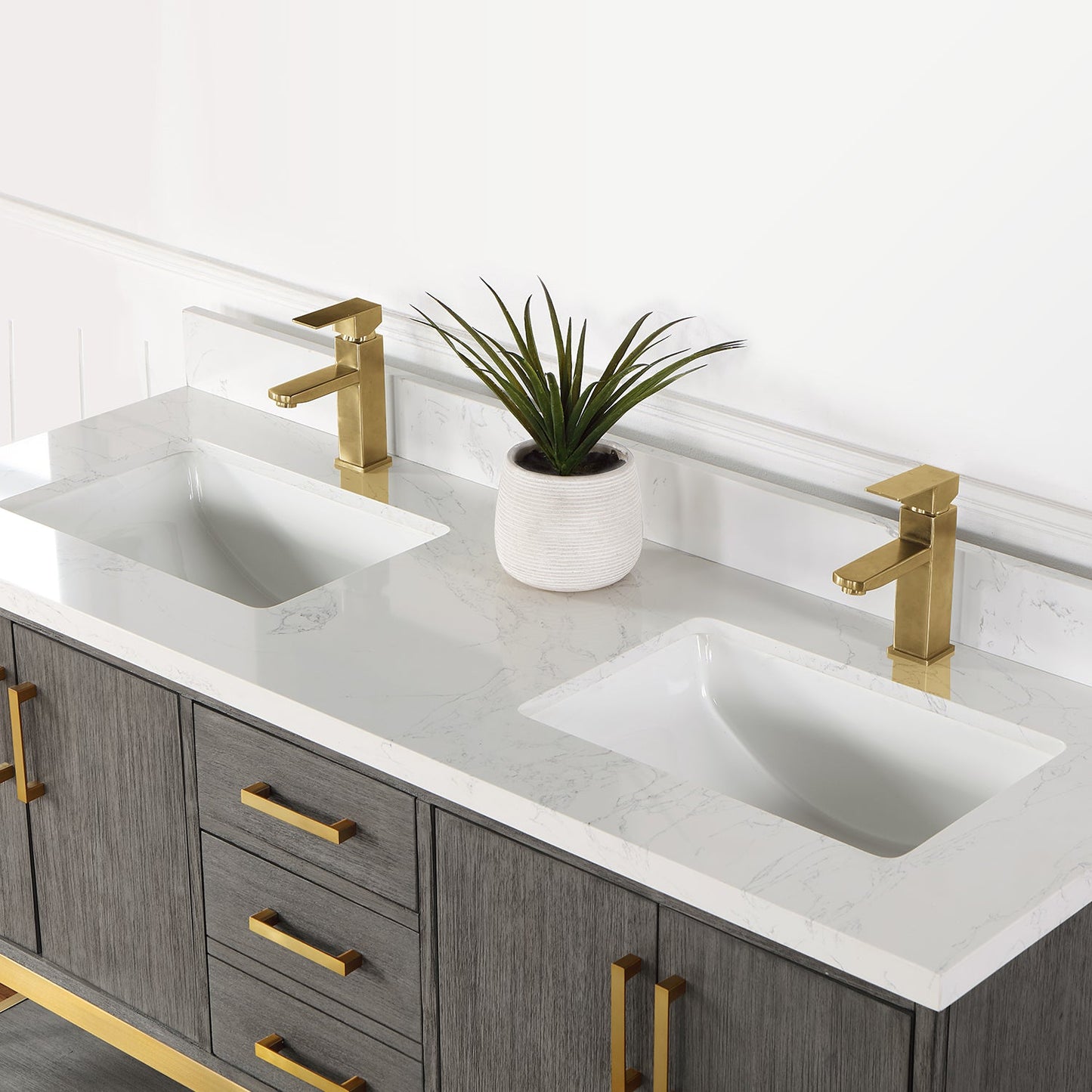 Wildy 60" Double Bathroom Vanity Set in Classical Grey with Grain White Engineered Stone Countertop without Mirror