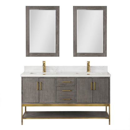 Wildy 60" Double Bathroom Vanity Set in Classical Grey with Grain White Engineered Stone Countertop with Mirror
