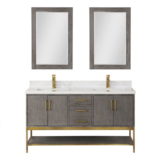 Wildy 60" Double Bathroom Vanity Set in Classical Grey with Grain White Engineered Stone Countertop with Mirror