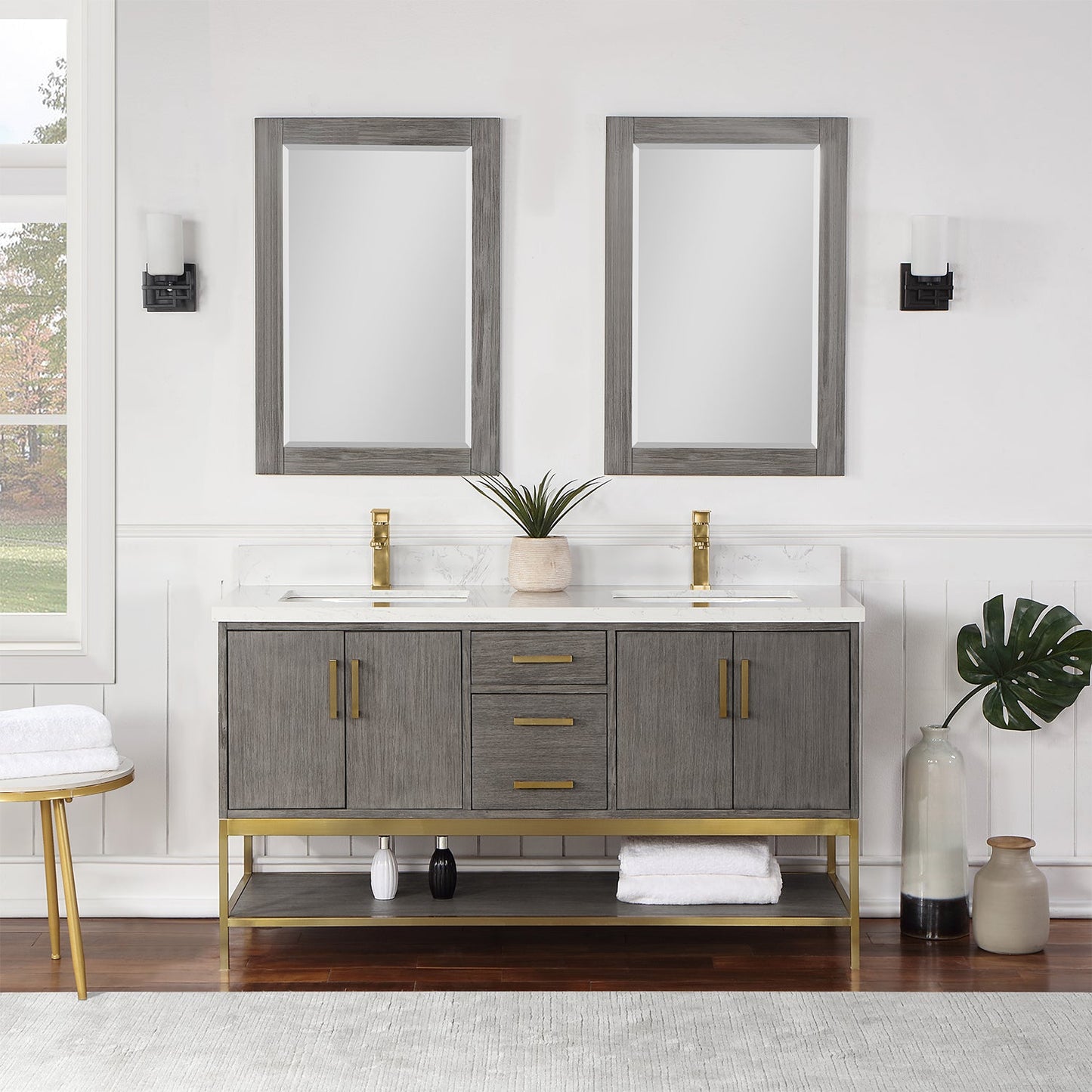 Wildy 60" Double Bathroom Vanity Set in Classical Grey with Grain White Engineered Stone Countertop with Mirror