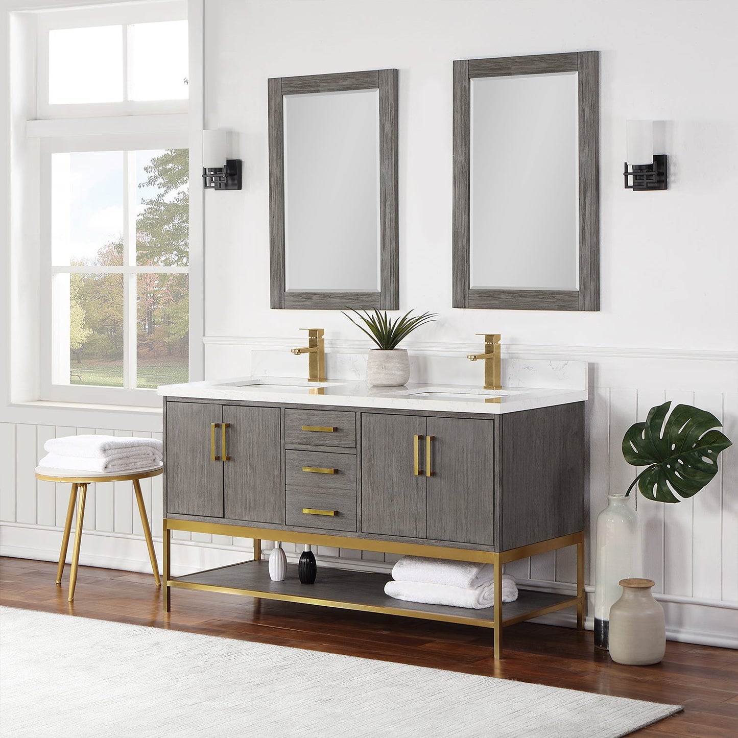 Wildy 60" Double Bathroom Vanity Set in Classical Grey with Grain White Engineered Stone Countertop with Mirror