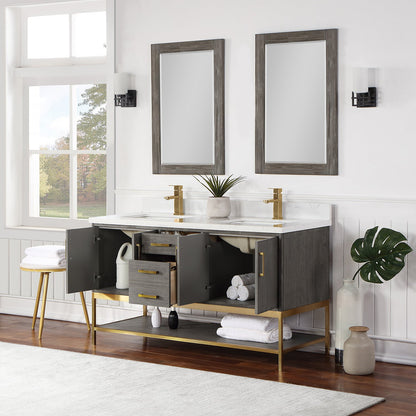 Wildy 60" Double Bathroom Vanity Set in Classical Grey with Grain White Engineered Stone Countertop with Mirror