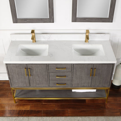 Wildy 60" Double Bathroom Vanity Set in Classical Grey with Grain White Engineered Stone Countertop with Mirror
