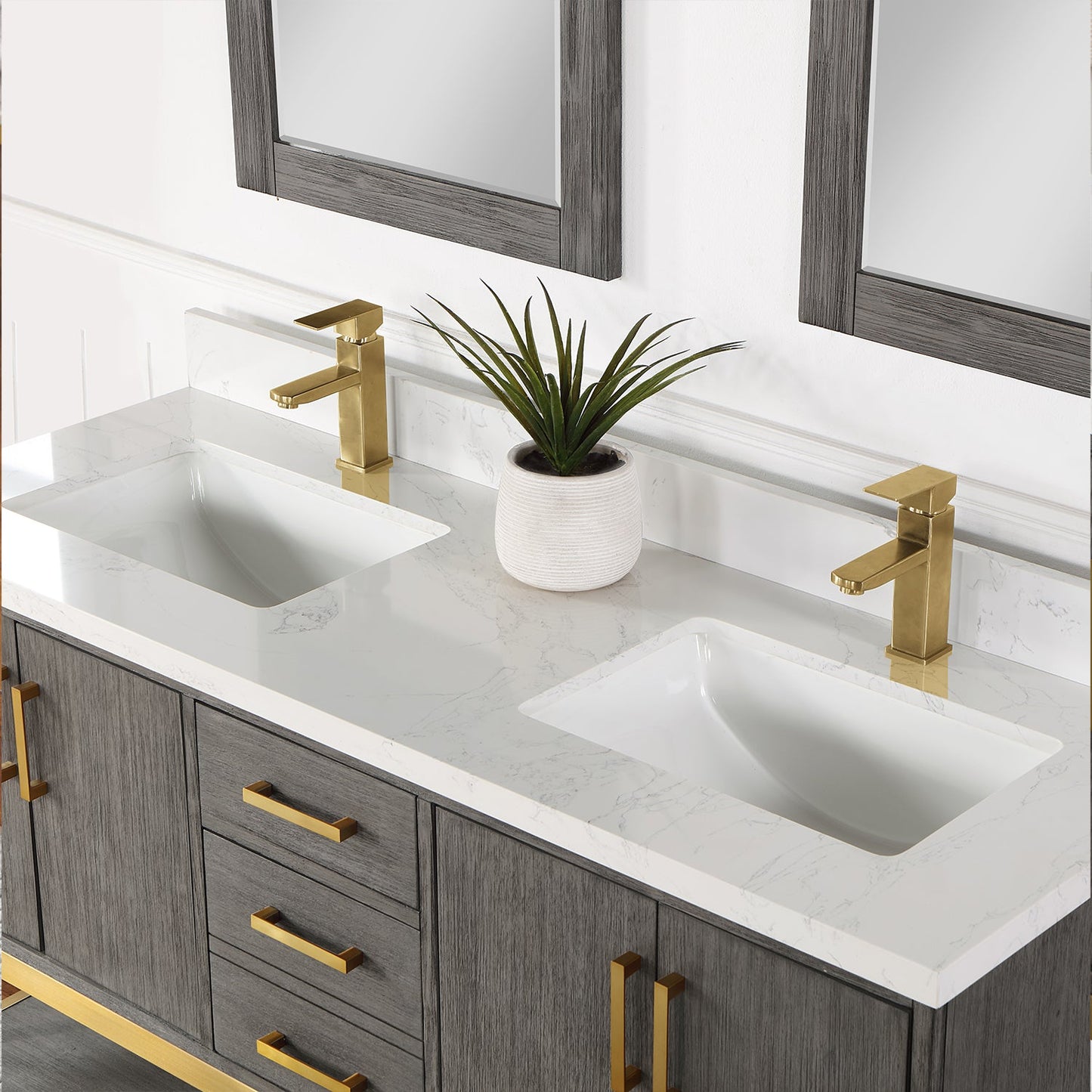 Wildy 60" Double Bathroom Vanity Set in Classical Grey with Grain White Engineered Stone Countertop with Mirror