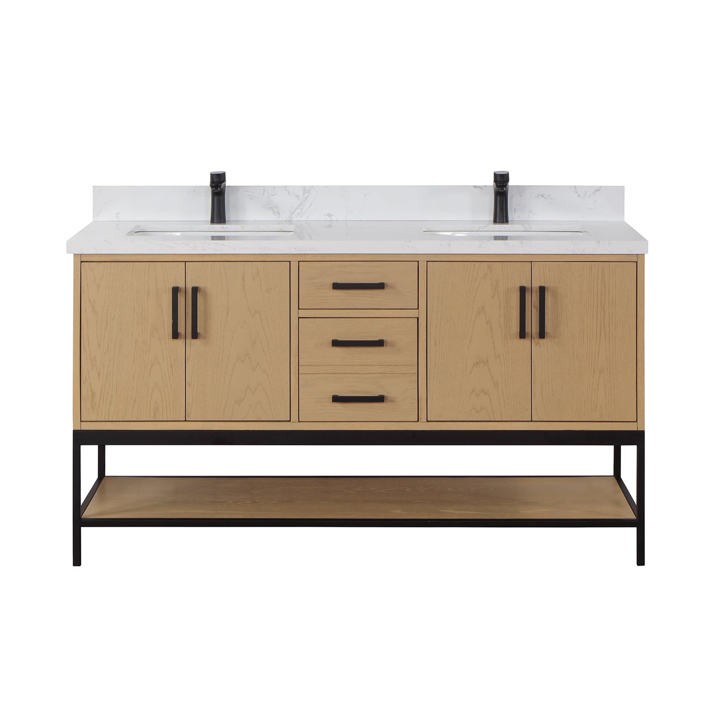 Wildy 60" Double Bathroom Vanity Set in Washed Oak with Grain White Engineered Stone Countertop without Mirror