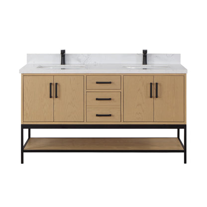 Wildy 60" Double Bathroom Vanity Set in Washed Oak with Grain White Engineered Stone Countertop without Mirror